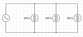 circuit with 3 bulbs with 240 ohms resistance, each on its own branch
