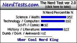 NerdTests.com says I'm an Uber Cool Nerd King.  Click here to take the Nerd Test, get geeky images and jokes, and write on the nerd forum!