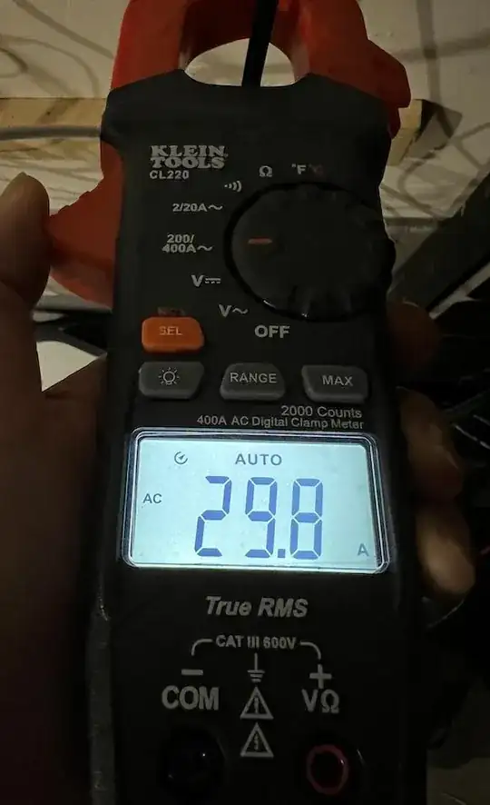 Picture of clamp meter showing 29.8A