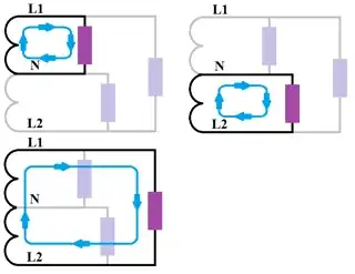 Single split-phase transformer secondary circuit divide with current