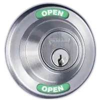 Image of a keyed deadbolt indicating "OPEN" in green