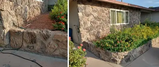 garage remodeled into master-bedroom with giant flower bed built onto it