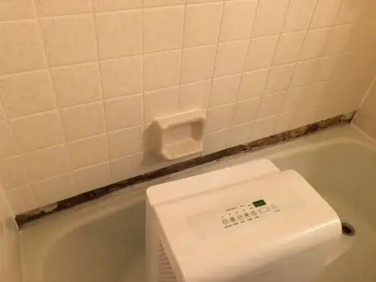 Bathtub surrounded by tiled walls on three sides. The lowest course of tiles on one wall has been removed, revealing damaged drywall behind them. There is a soap holder glued to the tiles immediately above the removed strip. A boxy machine sits in the tub; this is a dehumidifier.