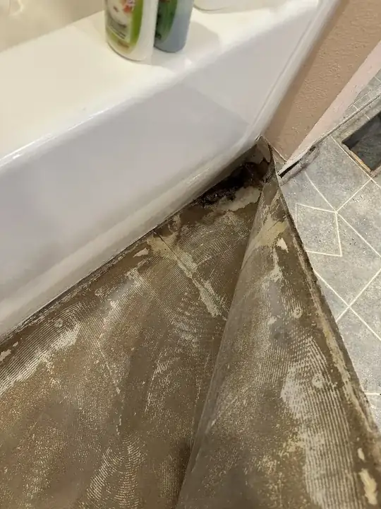 water damage and mold area next to bathtub