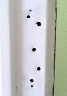 It looks like there used to be some sort of 1" wide thing that was drilled onto the door frame on the inside of the apartment, and that perhaps whatever sort of bolt came out of whatever was mounted on that 6" by 4" plate went into this device on the door frame here.