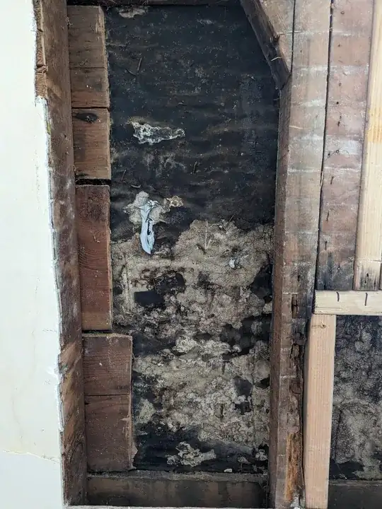 sheathing cut away, tar paper rotted away