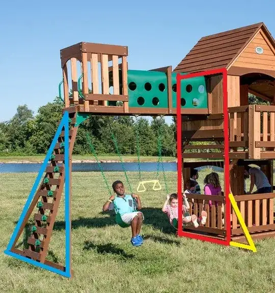 marked-up swingset, with blue A frame left and red rectangle right