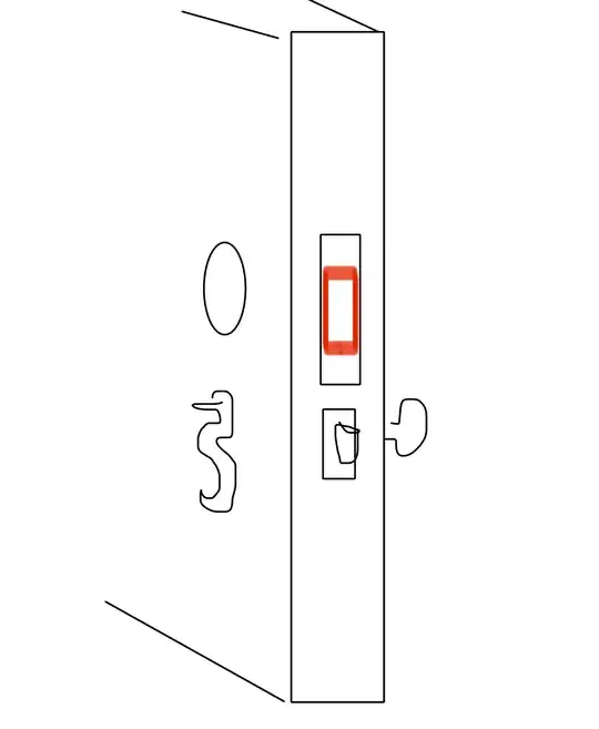 Drawing of isometric view of a door, with new mounting plate dimensions highlighted in red, showing that the current hole for a deadbolt assembly is too large.