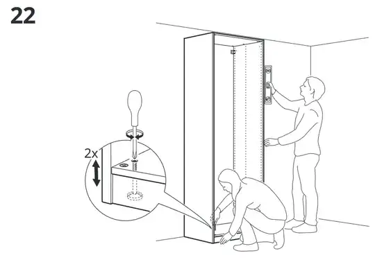 image showing how to level the wardrobe using a level and phillips head screwdriver