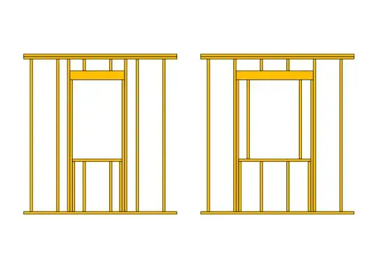two options for window framing: new king studs on left, existing studs as king studs on right with longer header and inset opening