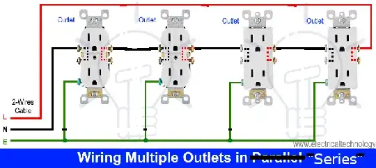 Bad wiring, power must flow thru all outlets to work.