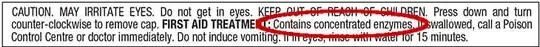 Caution label on a drain cleaner product that mentions is contains concentrated enzymes