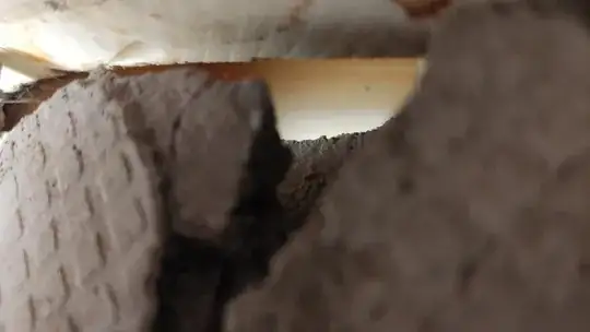 side view angled upwards showing factory-PU along the sides of the shower tray