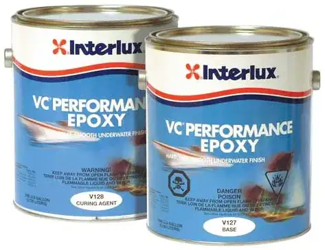 manufacturer stock photo of 2-part Interlux epoxy in 2 cans.  They are both gallons and are the same size.  What is with that Photoshop job?