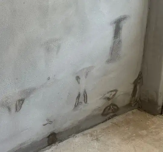 Tight shot of garage wall showing vertical discoloration/wet streaks