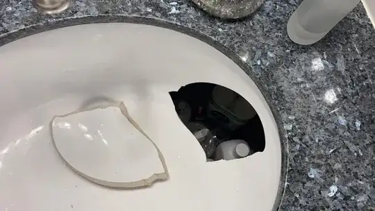 sink bowl with sizable chip taken out, showing inner plumbing beneath