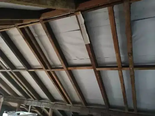 inside surface of roof showing additional timber parallel to rafters