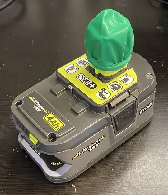 Ryobi battery with balloon protecting the terminals
