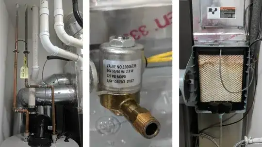 hot and cold water pipes, solenoid valve before cleaning, humidifier open