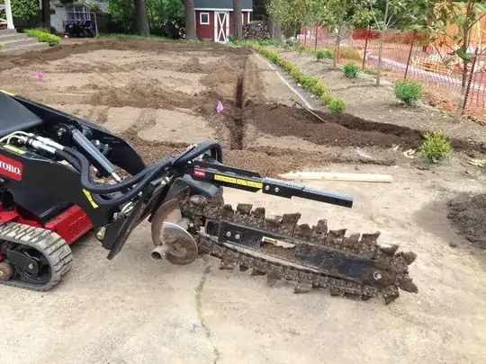 Trenching attachment connected to a Toro Utility Loader.  Costs a bit more to rent, but the extra power and depth options make it well worth the cost.