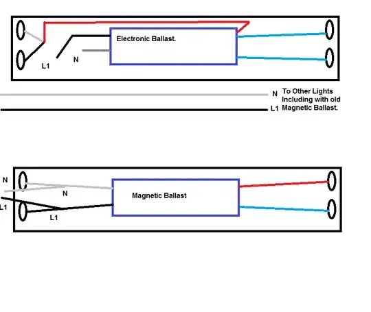 Example of one Fixture NEW Ballast To Old Ballast Bottom - there are 12 fixtures of the old ballast style in a row - parallel drop