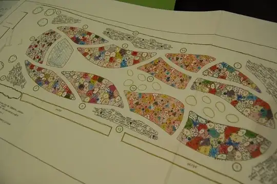 Another photograph of the garden plan, legible, upside-down, and only partially in frame