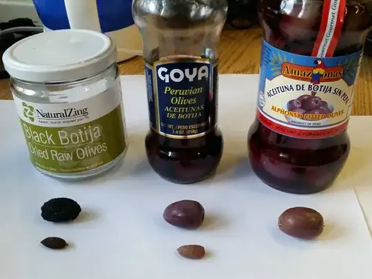 This shows the dried Botija olives next to the two jars of salt-cured olives.