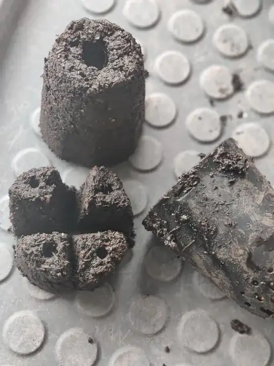 A picture of two soil blocks, a larger two inch cylinder with a dimple on top and four smaller blocks that each make up 1/4 of a circle similar in size to the large block