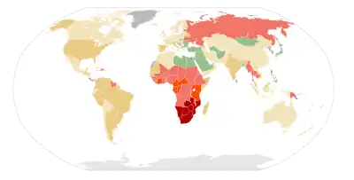 A map of the world where most of the land is coloured green or yellow except for sub Saharan Africa which is coloured red