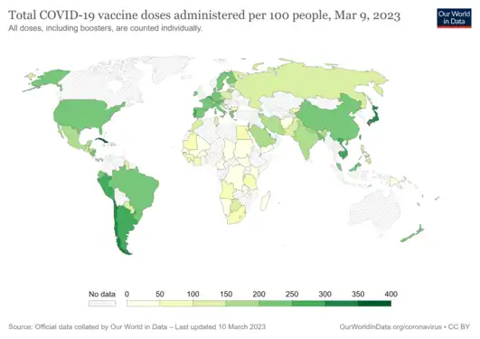 COVID-19 vaccine doses administered per 100 people by country. Date is on the map. Commons source.