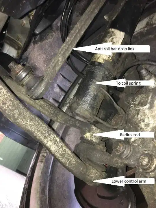 Front offside suspension looking forwards from the rear of the car.