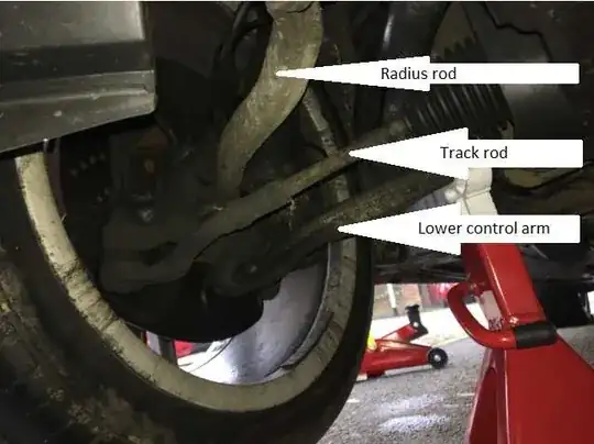 Front offside suspension looking rearwards from the front of the car.
