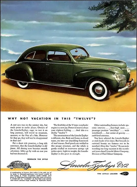 Advertisement showing 1939 Lincoln-Zephyr V-12 Coupe-Sedan