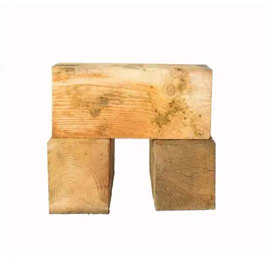 Three wooden blocks stacked with one supported perpendicularly by the other two, each block approximately 6 inches by 6 inches by 24 inches