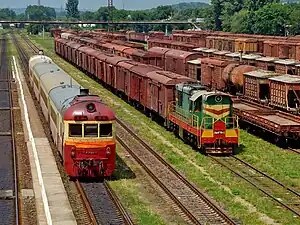 A freight yard next to a passenger station in Moldova