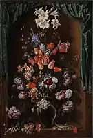 'Vase of Flowers with a Curtain',  1615.