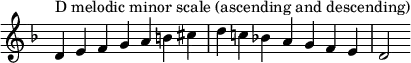 {
\omit Score.TimeSignature \relative c' {
\key d \minor \time 7/4 d^"D melodic minor scale (ascending and descending)" e f g a b cis d c! bes! a g f e d2
} }