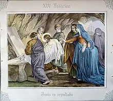 Jesus is laid in the tomb and covered in incense. Station 14 of the Calvary of the Church of Our Lady of the Assumption (Villamelendro de Valdavia).