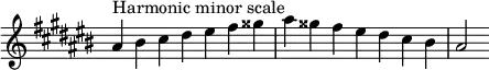 {
\omit Score.TimeSignature \relative c'' {
\key ais \minor \time 7/4 ais^"Harmonic minor scale" bis cis dis eis fis gisis ais gisis fis eis dis cis bis ais2
} }