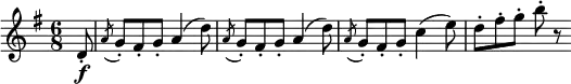 \relative d' {
\key g \major \time 6/8
\partial 8 d8-. \f | \acciaccatura a'8 g-. fis-. g-. a4( d8)
\acciaccatura a8 g-. fis-. g-. a4( d8)
\acciaccatura a8 g-. fis-. g-. c4( e8)
d8-. fis-. g-. b-. r
}