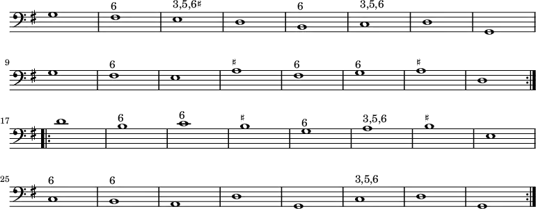\relative
{
\key g \major
\clef bass
\omit Staff.TimeSignature
\repeat volta 2 {
g1 fis^"6" e^"3,5,6♯" d b^"6" c^"3,5,6" d g, \break
g' fis^"6" e a^"♯" fis^"6" g^"6" a^"♯" d,
} \break
\repeat volta 2 {
d' b^"6" c^"6" b^"♯" g^"6" a^"3,5,6" b^"♯" e, \break
c^"6" b^"6" a d g, c^"3,5,6" d g,
}
}