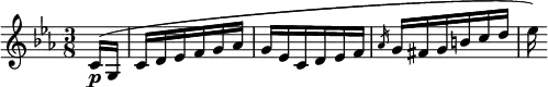 \relative c' { \clef treble \time 3/8 \key c \minor \partial 8*1 c16(\p g | c d ees f g aes | g ees c d ees f | \slashedGrace { aes } g fis g b c d | ees) }