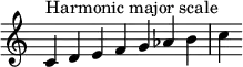 {
\override Score.TimeSignature #'stencil = ##f
\relative c' {
\clef treble \time 7/4
c4^\markup { Harmonic major scale } d e f g aes b c
} }