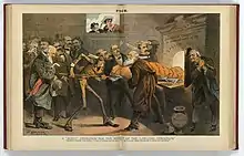  Illustration shows a group of men, some identified by name "Blackburn, D.B. Hill, Mclaughlin, Thurman, Jones, Hedden, [and] Hendricks" and some by association with quills behind their ears "Sun" Charles A. Dana, "Cincinnati Enquirer" John R. McLean, "World" Joseph Pulitzer, and "Star", with the newspaper editors pushing a wrapped figure labeled "This is the Mugwump! And don't you forget it!" into a crematorium labeled "Bourbon Crematory for Disbelievers in the Spoils System"; Hendricks stands on the right, next to an urn labeled "For Mugwump Ashes" and the others observe from the left. Puck and the figure representing "The Independent Party" are watching from a window in the background.