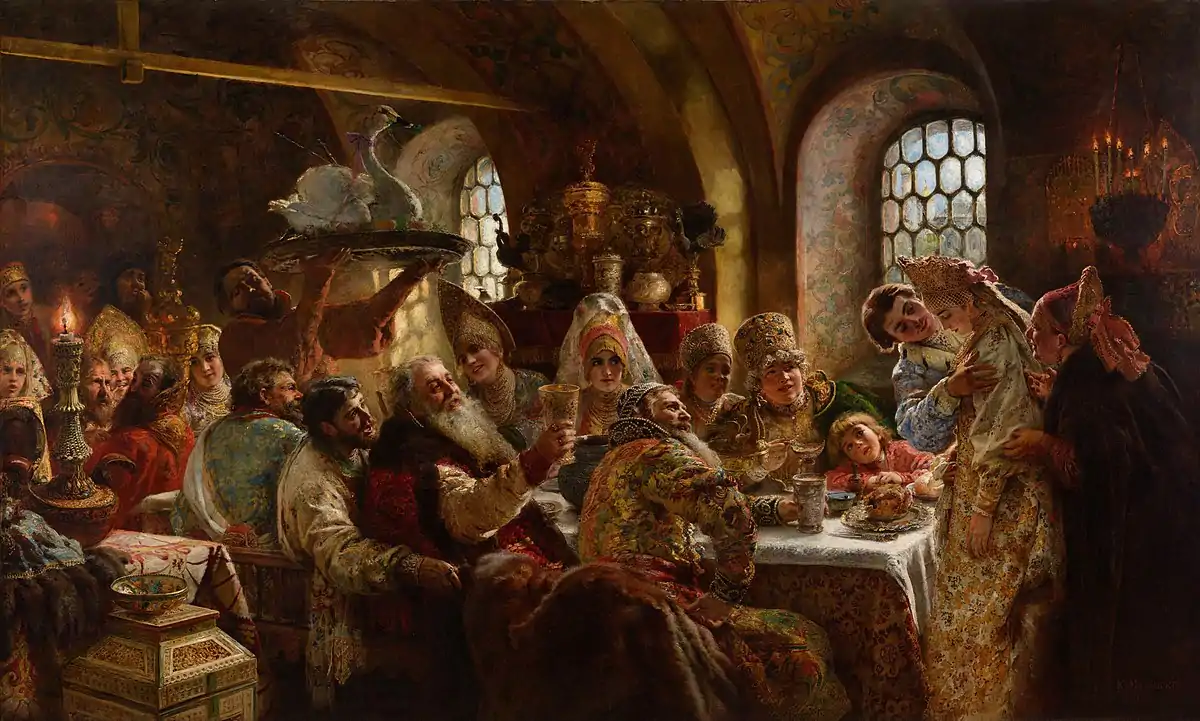 Painting depicting the wedding uniting two families of the powerful Boyar class that dominated Muscovite politics in the 16th and 17th centuries, painting of 1883 by Konstantin Makovsky. Hillwood Estate, Museum & Gardens.