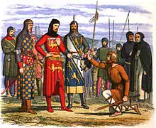 The head of Piers Gaveston, 1st Earl of Cornwall, is delivered to Thomas, 2nd Earl of Lancaster; Humphrey de Bohun, 4th Earl of Hereford; and Edmund FitzAlan, 9th Earl of Arundel, for inspection.