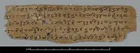 A palm leaf Sanskrit manuscript in early Gupta Brahmi script, discovered in Miran, northwest China.