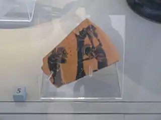 Warriors leaving the Trojan Horse, fragment of an attic black-figure krater from Orbetello (Italy), c. 540 BC