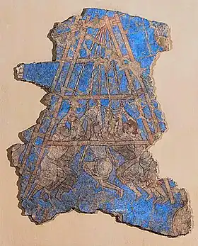 Arabs besieging the city of Samarkand, captured in 722 CE. Palace of Devastich (706-722 CE), Penjikent mural.