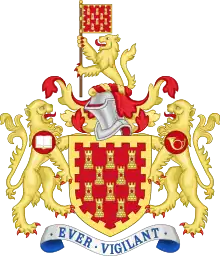 Image 18The arms of the Greater Manchester County Council, depicted here, became redundant with the abolition of the council in 1986 (though similar arms are used by the Greater Manchester Fire and Rescue Service). (from Greater Manchester)